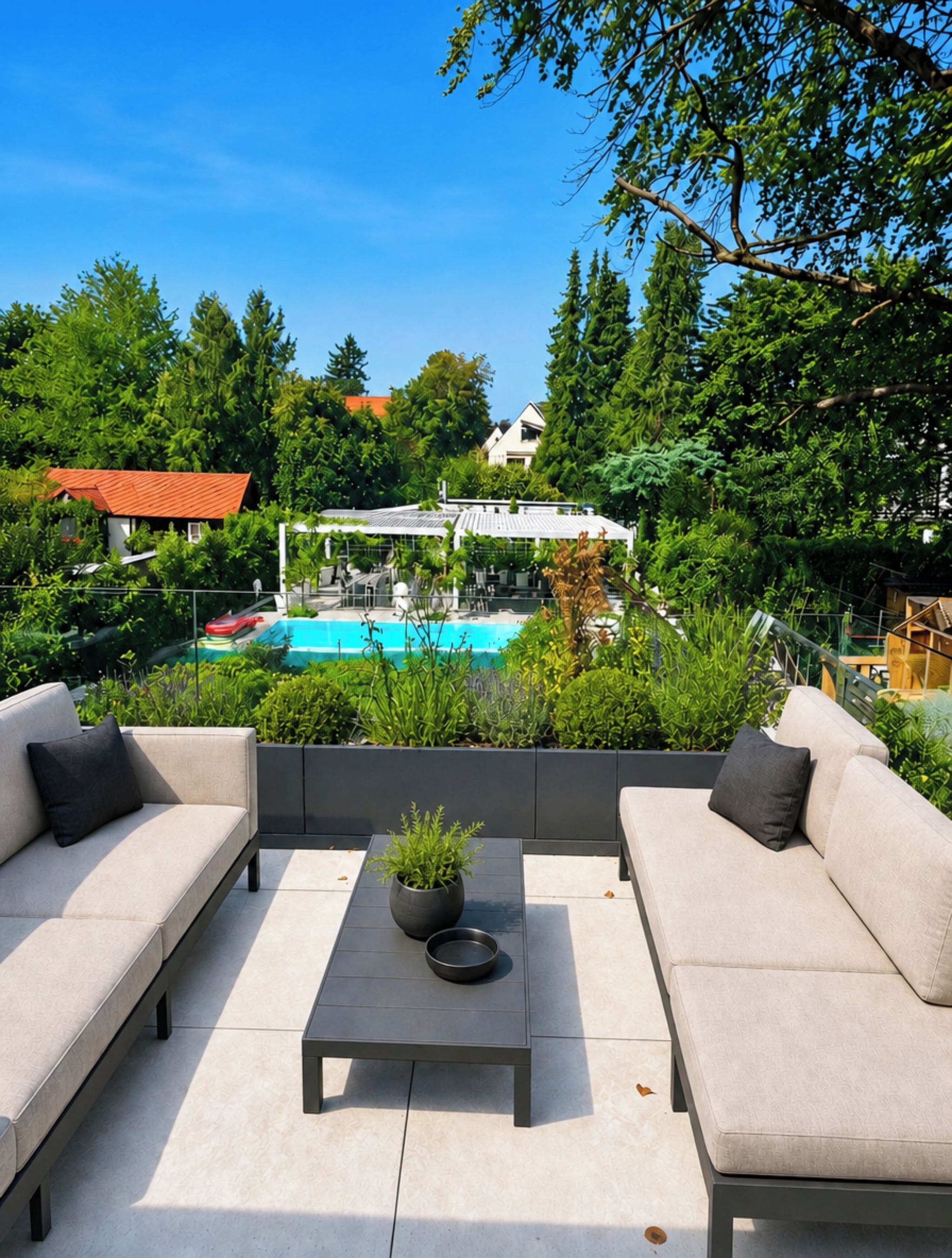 Ein Sitzbereich im Freien mit zwei Sofas und einem Tisch, mit Blick auf einen Swimmingpool und üppige Bepflanzung.