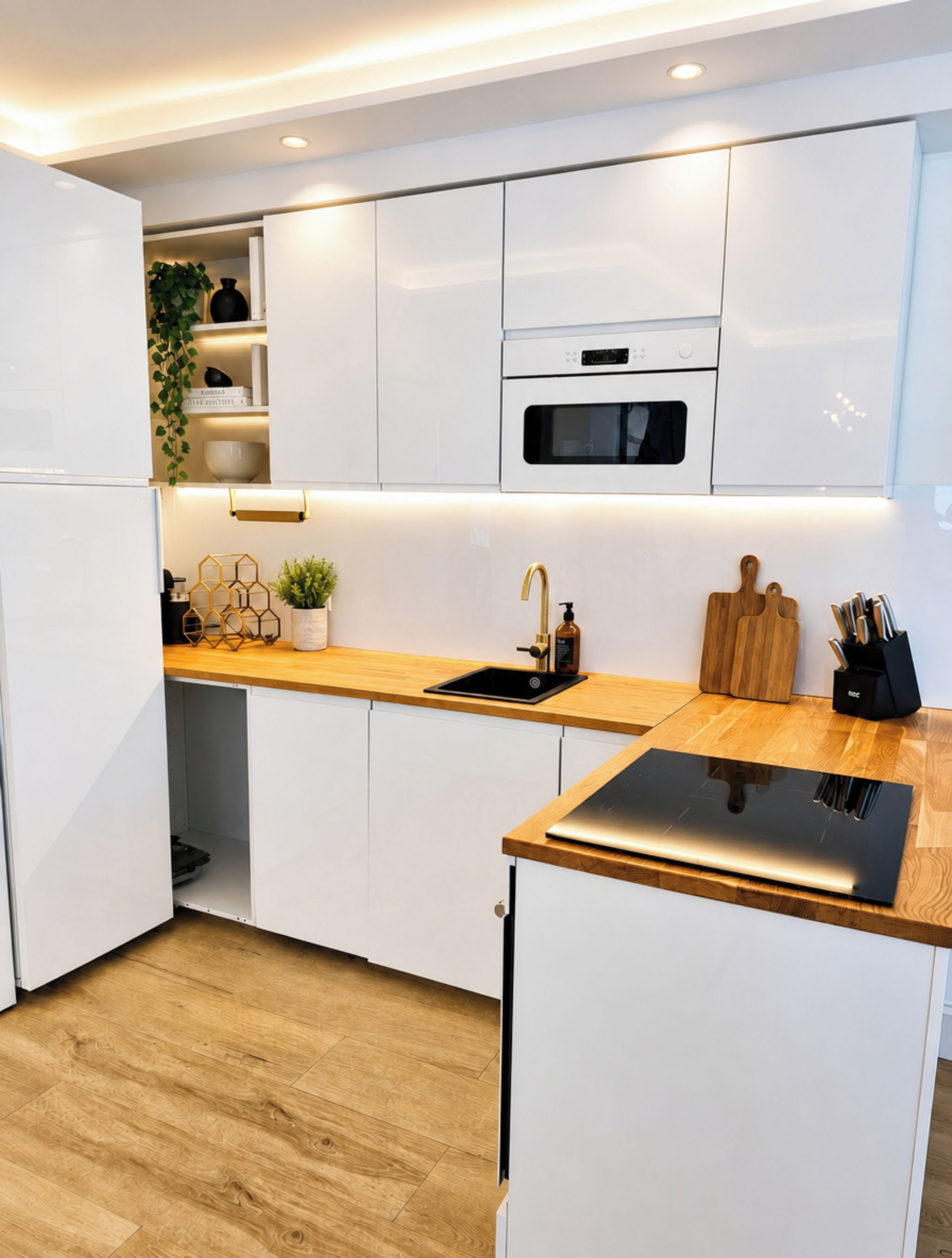A modern kitchen with white cabinetry, a wooden countertop, a built-in oven, and a sink with a gold faucet.
