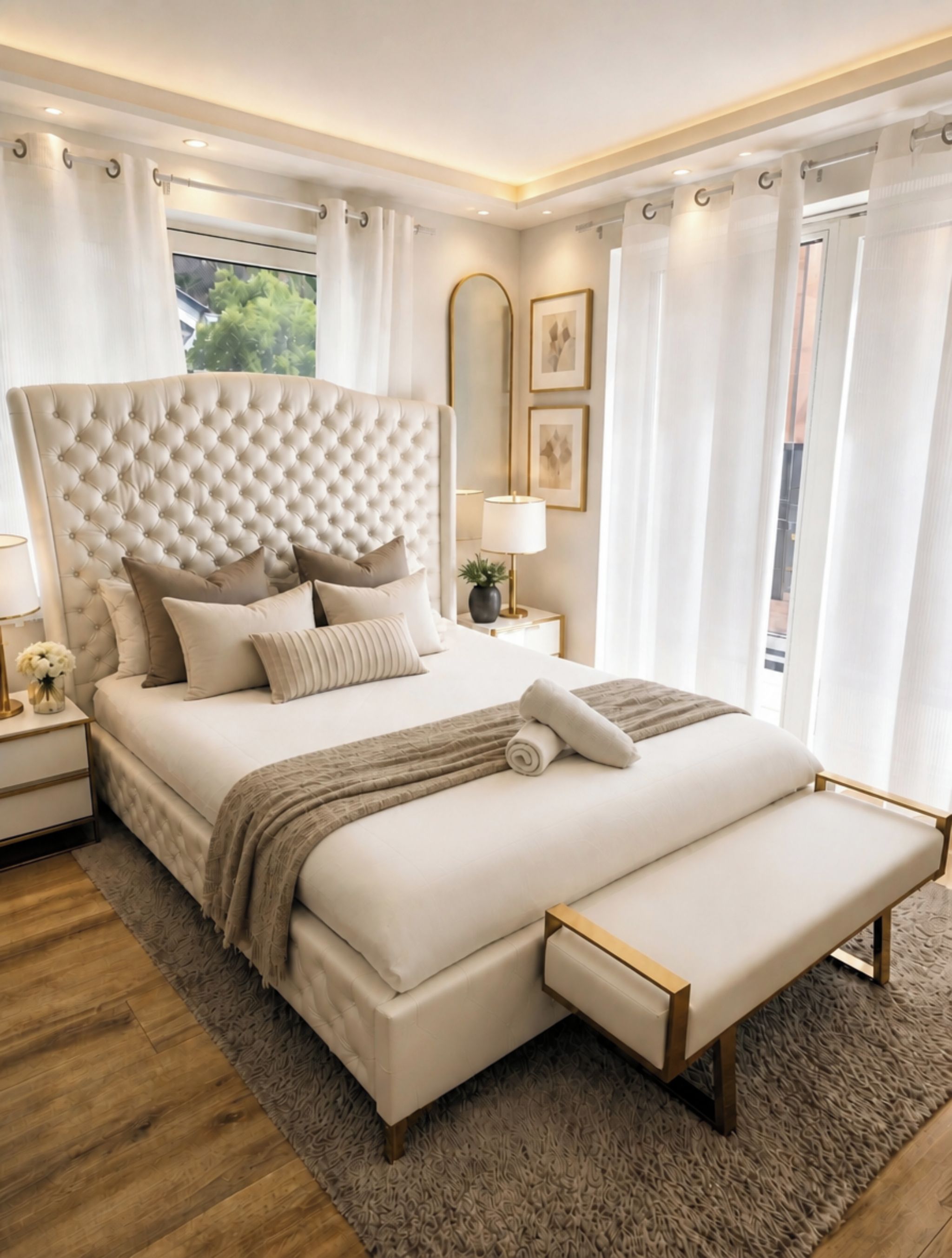 A modern bedroom with a large bed, bedside tables, a bench, and a view of greenery outside.