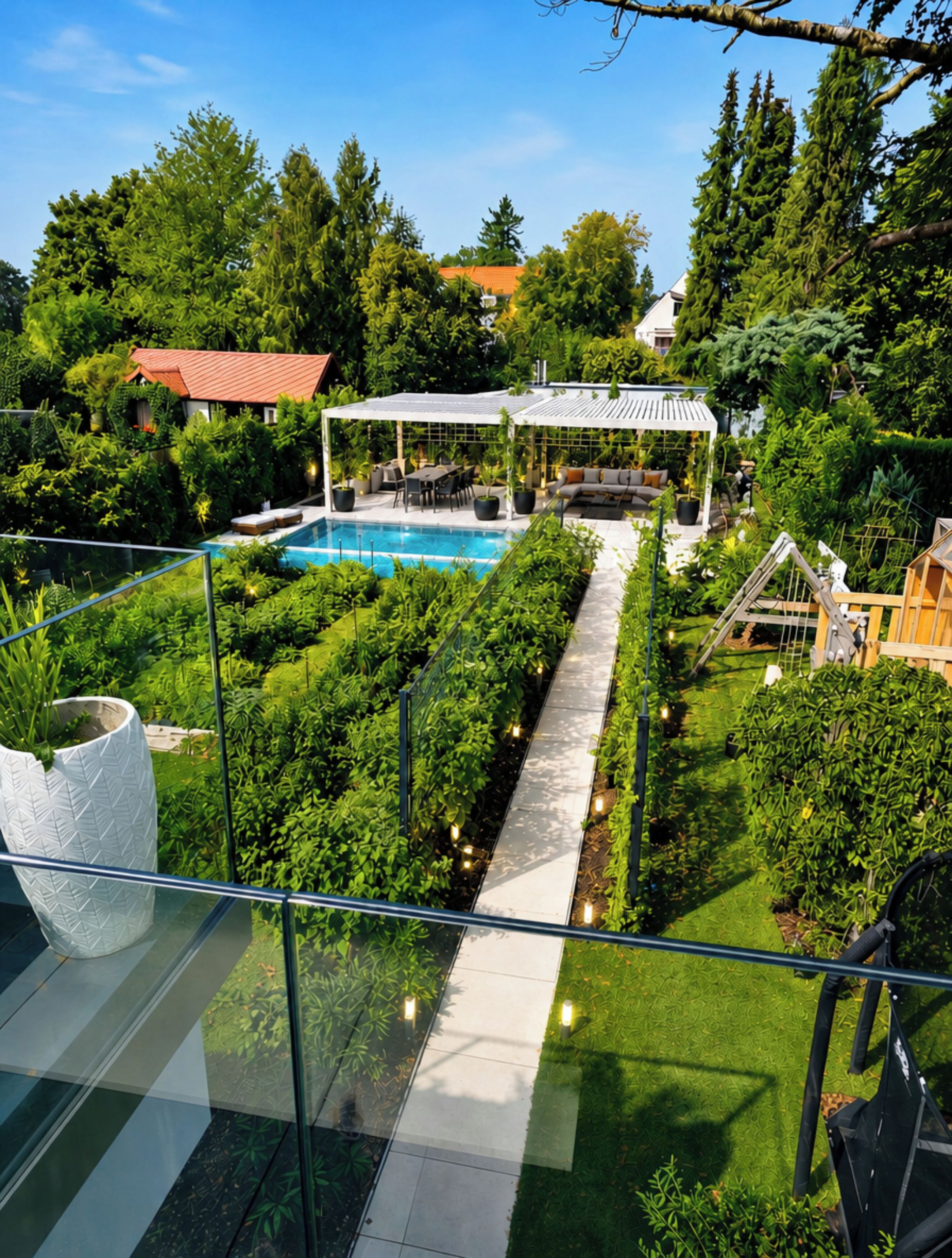 A rooftop garden with a swimming pool, seating area, and a pergola.