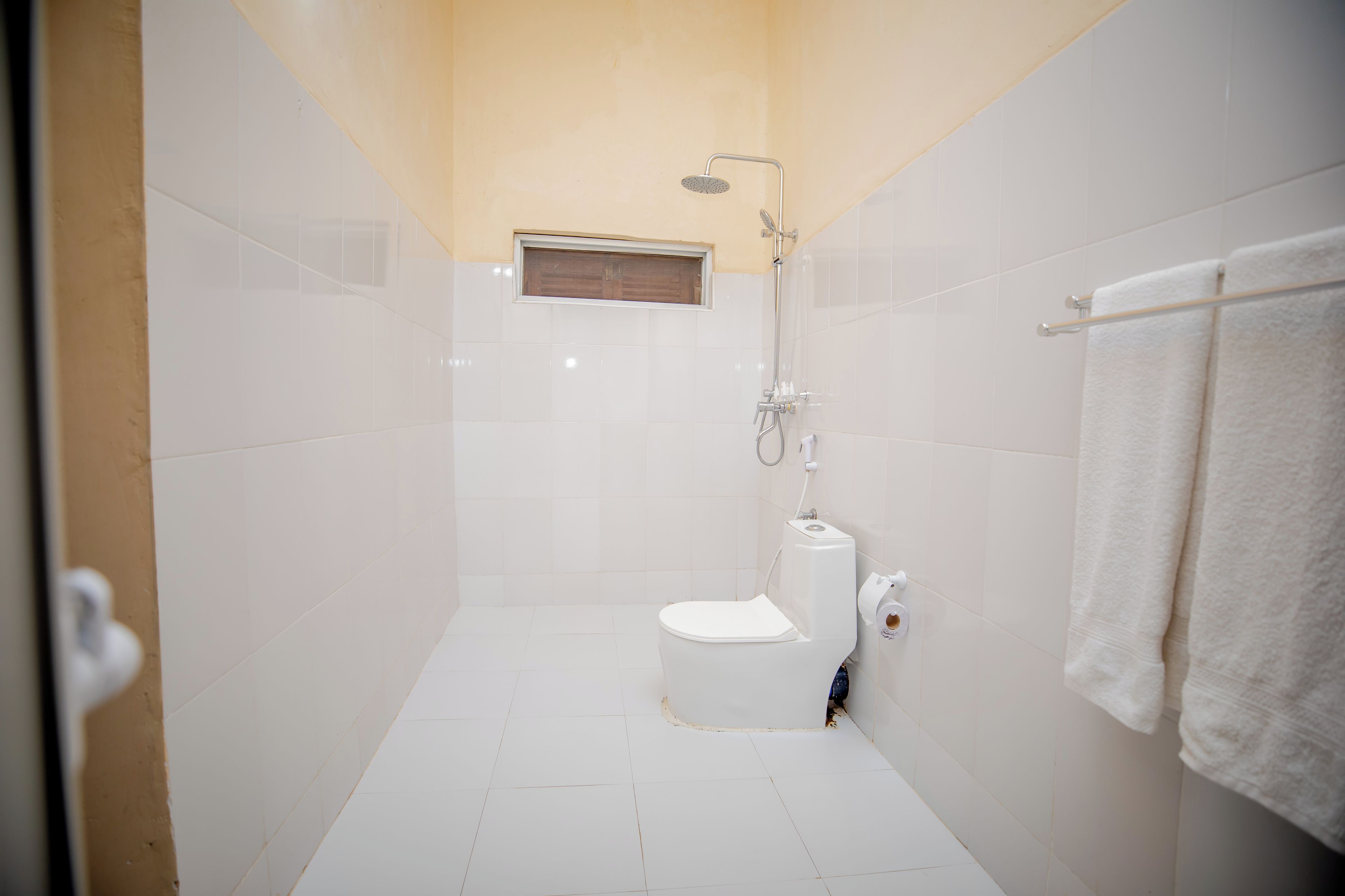 Un baño pequeño y moderno con inodoro, ducha y toallero.