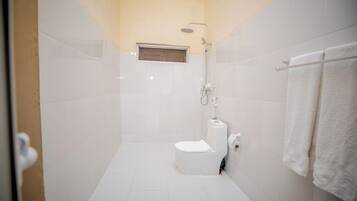 Un baño pequeño y moderno con inodoro, ducha y toallero.
