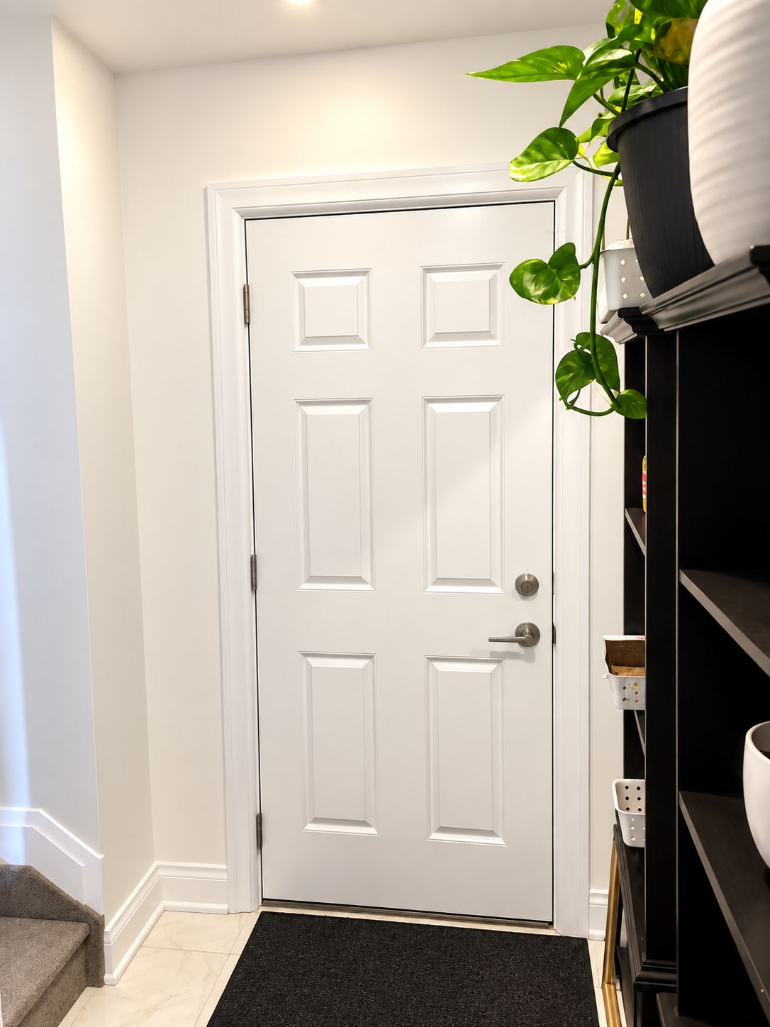 Une porte blanche avec une poignée moderne, un paillasson noir à l’entrée et un pot de fleurs sur la droite.