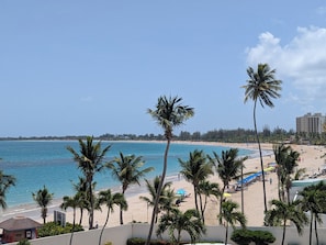 A beach with palm trees, a clear sky, and a building in the background. - Seaside 3E - Luxury 2Br Apt on the Beach - Ocean View - Steps to Paradise (Carolina)