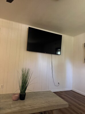 Una habitación con una televisión de pantalla plana montada, una mesa de madera con planta en maceta y una pared blanca con paneles.