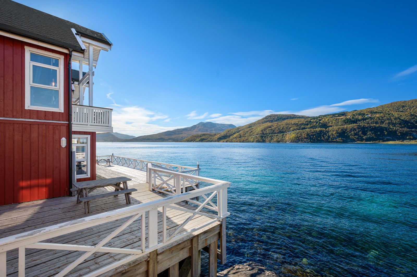 Waterfront deck with stunning fjord and mountain views