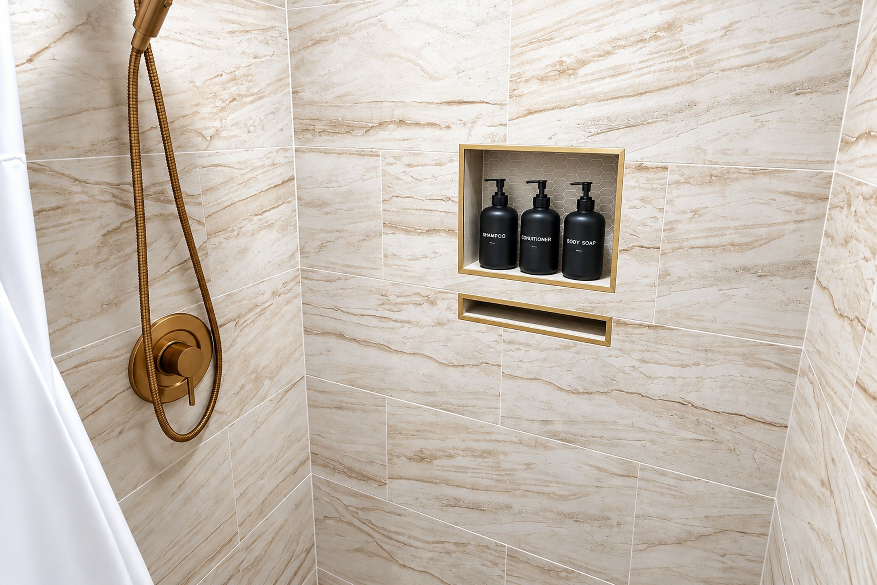 Zona de ducha con cabezal de ducha dorado y un rociador de mano. Hay un estante con tres botellas etiquetadas 'SHAMPOO,' 'CONDITIONER' y 'BODY SOAP'.