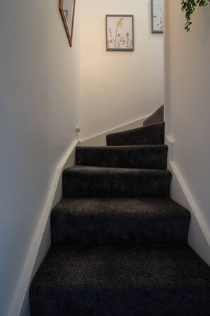 Un escalier dont les marches sont recouvertes de moquette, menant à un palier.