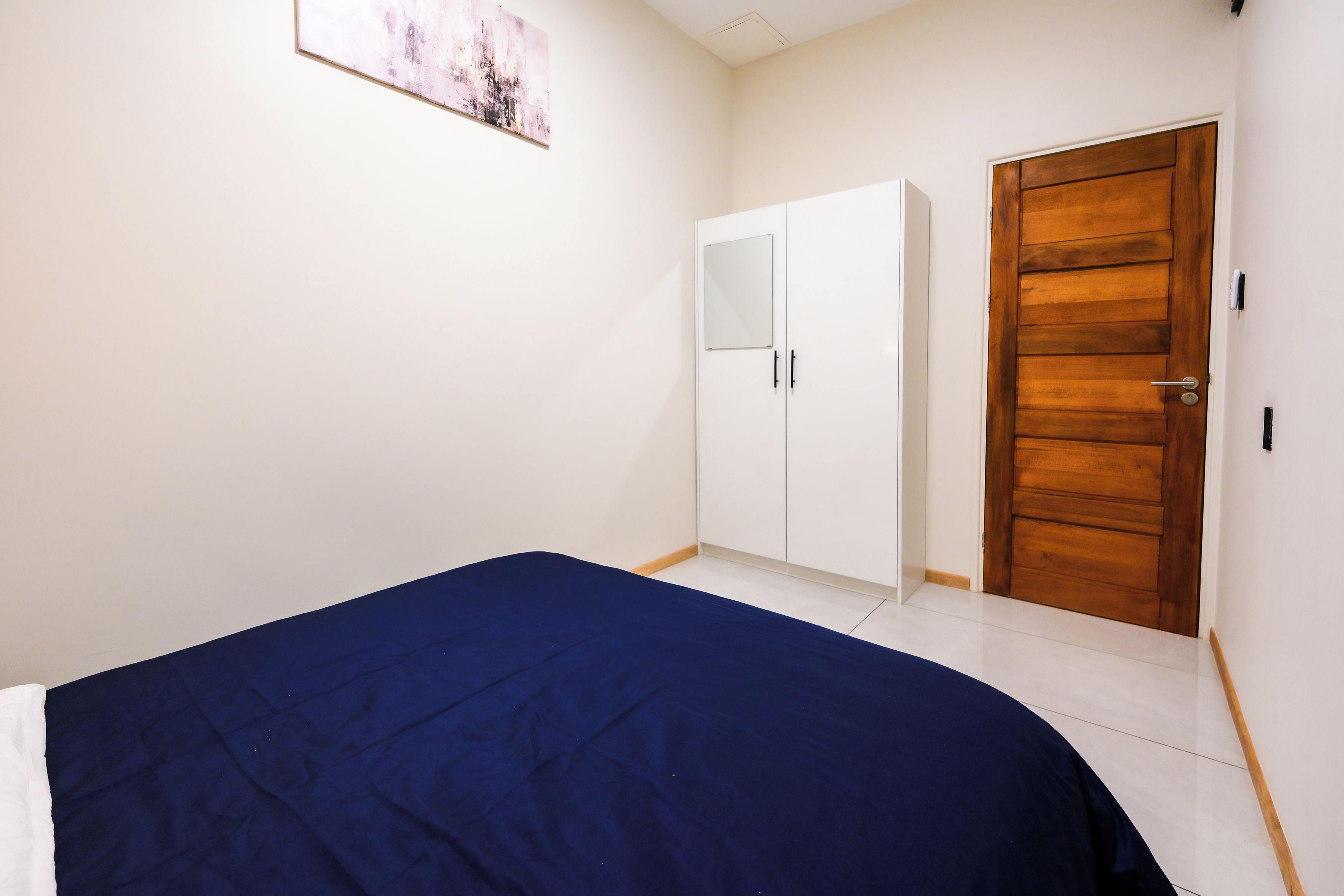 A bedroom with a bed, a wardrobe, a door, and a painting on the wall.