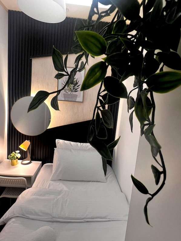 A hotel room with a bed, a bedside table with a lamp, a small plant, and a wall-mounted artwork.