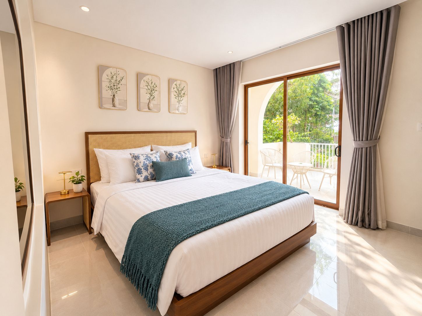 A modern bedroom with a large bed, a wooden headboard, a balcony with curtains, and a wall-mounted plant.