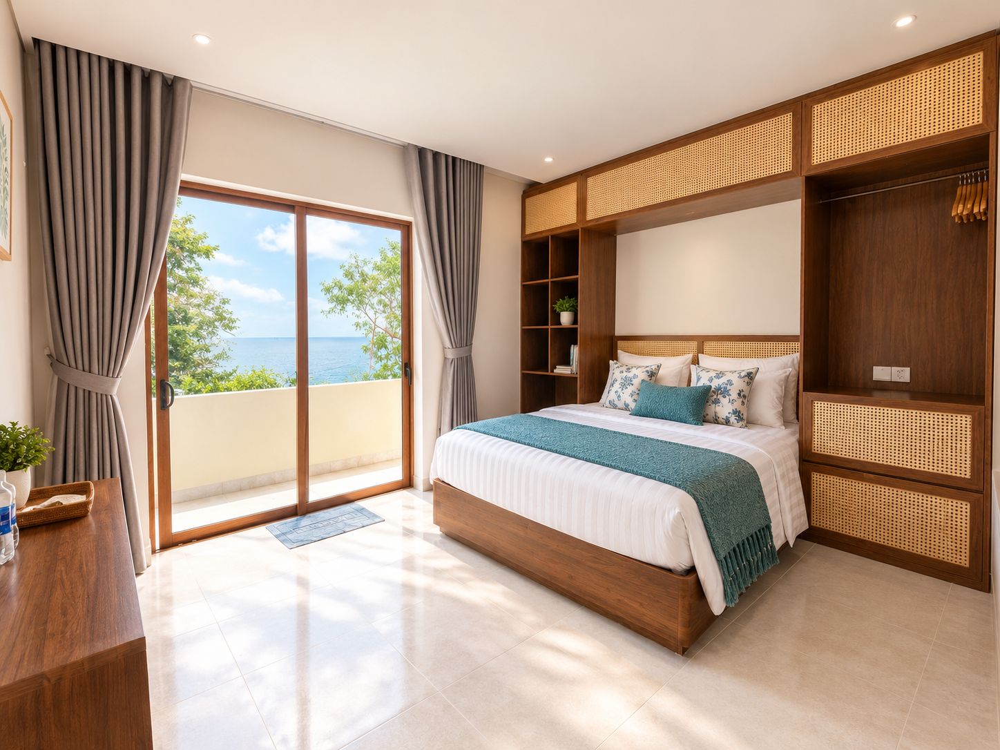 A bedroom with a large bed, a wooden wardrobe, and a view of the sea.