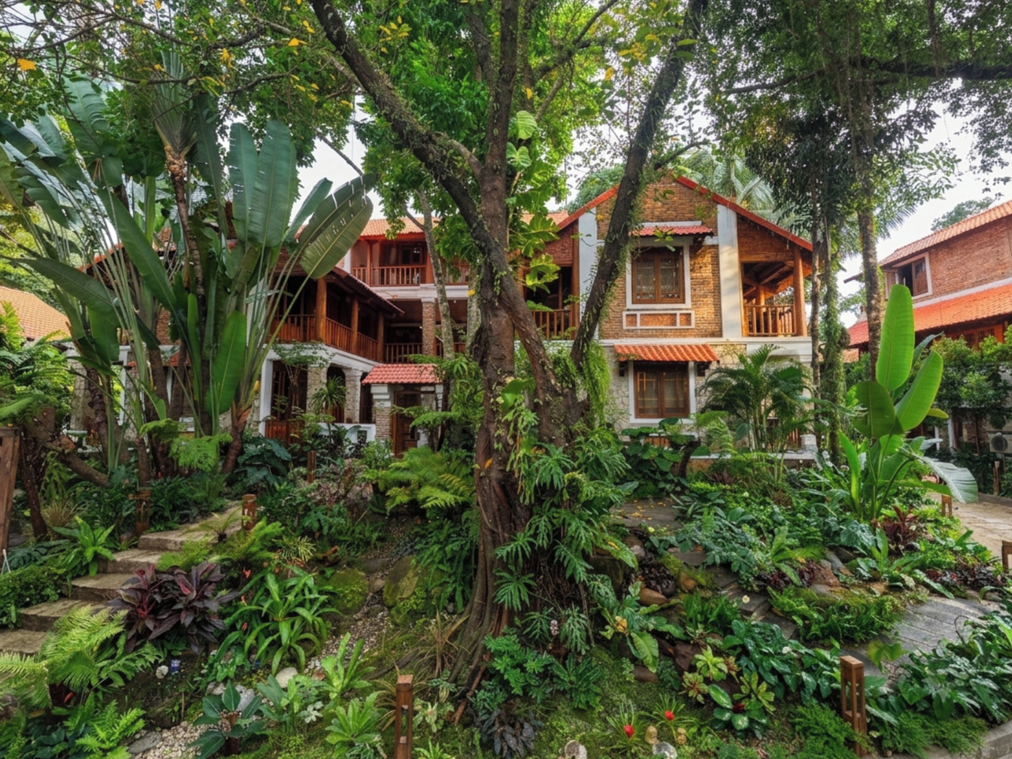 Una casa tradicional con techo rojo, rodeada de exuberante follaje y diversas plantas.