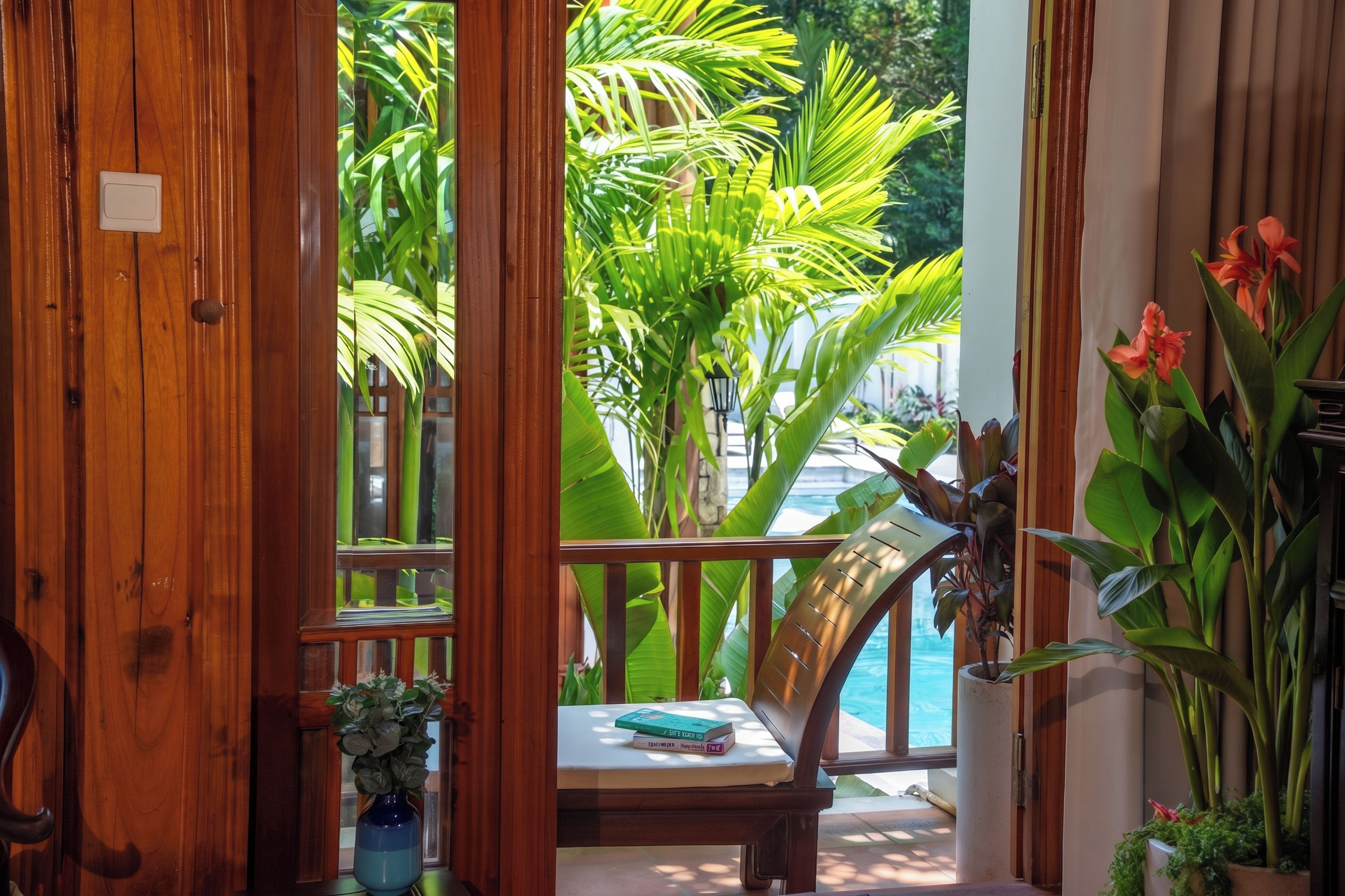 Ventana con marco de madera y vista a una piscina y exuberante vegetación.
