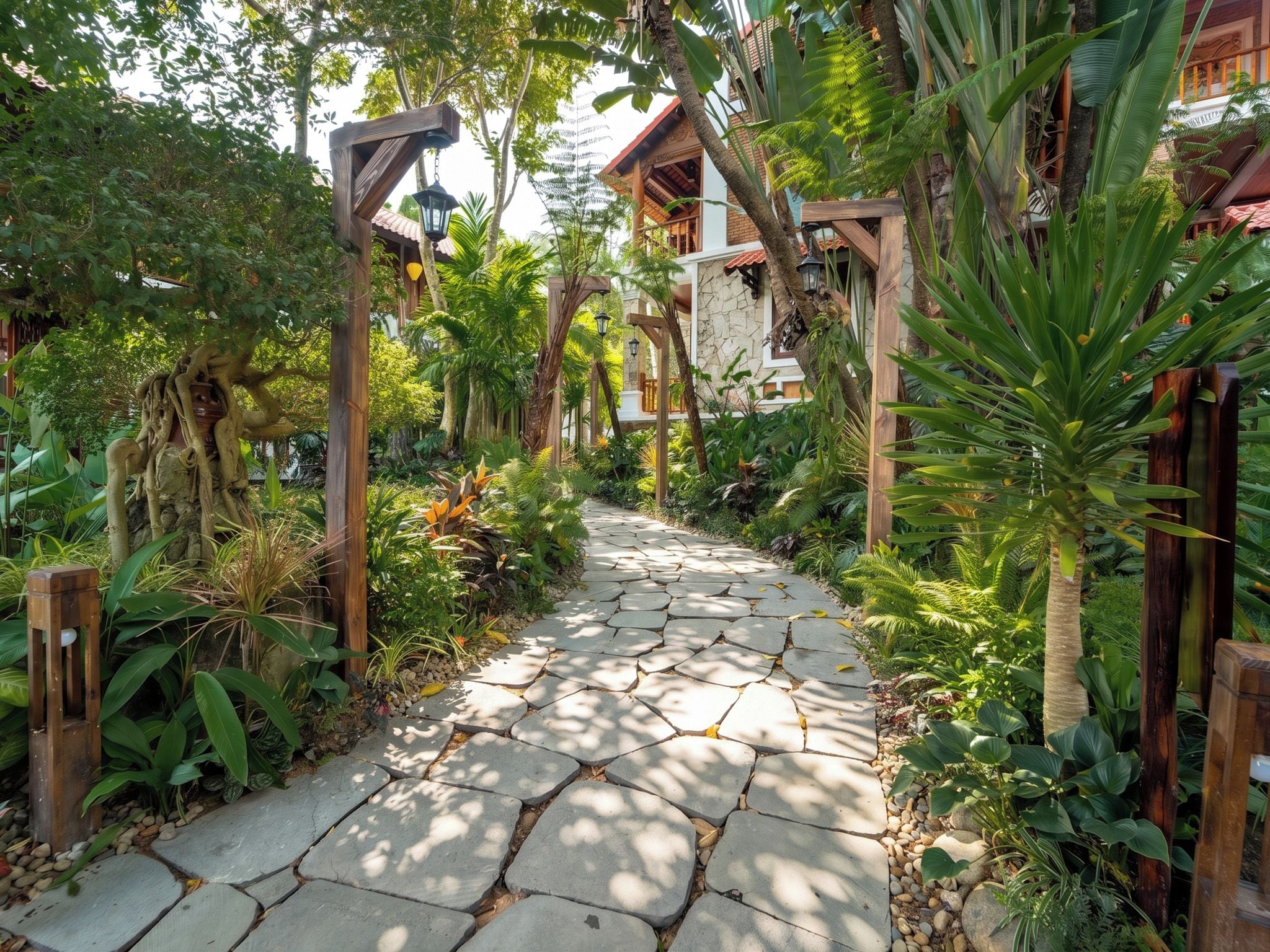 A stone pathway leading to a wooden structure with a thatched roof, surrounded by lush tropical vegetation.