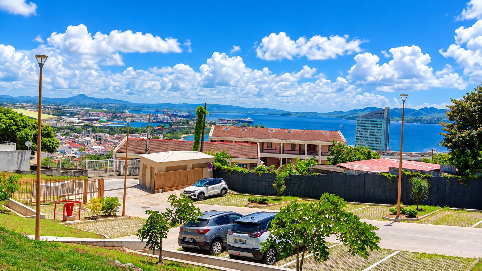 A residential area with a view of the sea, a parking lot, and a building with a red roof.