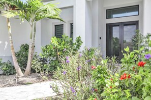 Ein Garten mit verschiedenen Pflanzen und Blumen vor einem Gebäude im modernen Stil.