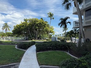 A pathway leading to a building with a balcony, surrounded by greenery and palm trees. - Bayfront 1BR with Private Beach & Endless Water Views (Bonita Springs)