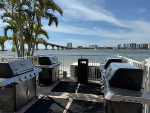 Eine Uferterrasse mit Außen-Grills und Blick auf eine Brücke sowie auf die Skyline der Stadt.