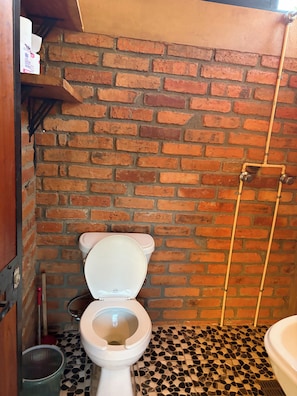 A small bathroom with a toilet, a shower, and a tiled floor. - Lovely 1-bedroom house, steps from the beach and restaurants, with beach views. (Yelapa)