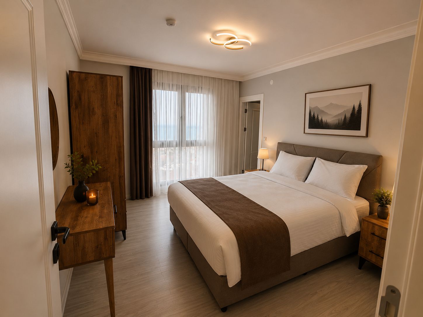 A hotel room with a large bed, bedside tables, a wooden wardrobe, a window with curtains, and a framed picture on the wall.