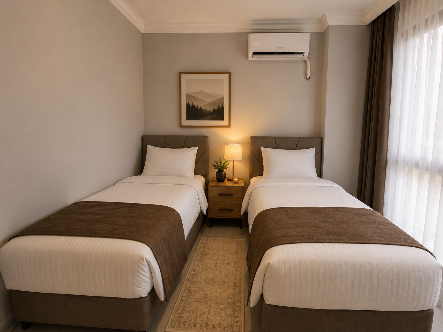 Een hotelkamer met twee bedden, een nachtkastje met een lamp, een lijst met een foto aan de muur en een airconditioner.