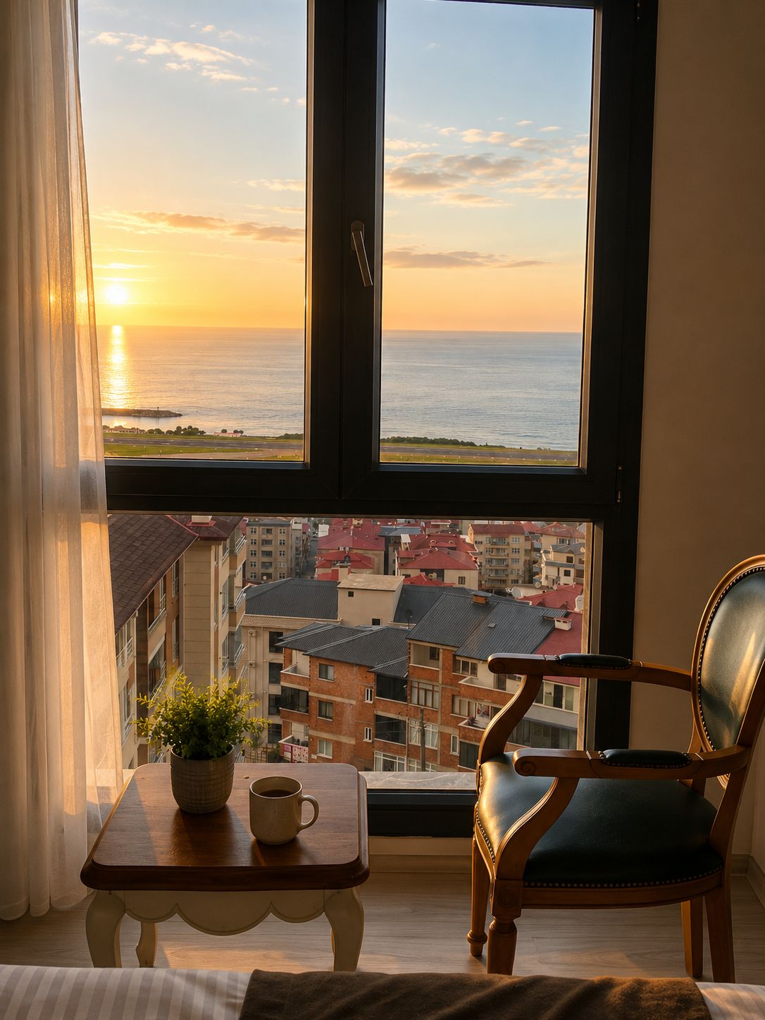 Een kamer met een groot raam, met uitzicht op een stadsbeeld en de zee bij zonsondergang.