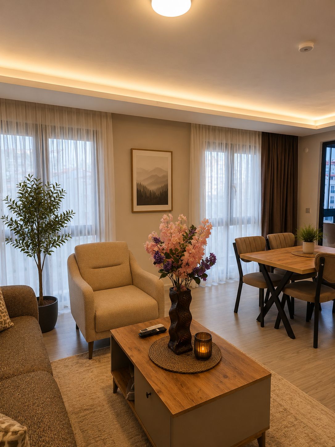 Een moderne woonkamer met een bank, fauteuil, eettafel en stoelen. Op de salontafel staat een potplant en een vaas met bloemen.