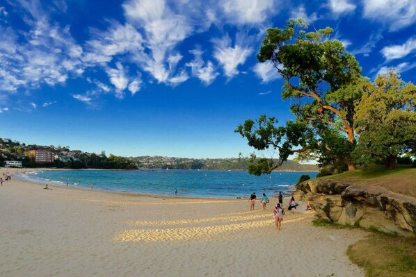 Uma praia com céu claro, areia dourada e uma grande árvore à direita.