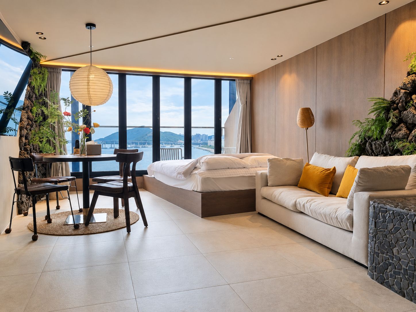 Uma sala de estar moderna com sofá, mesa de jantar e cadeiras, e vista para a paisagem urbana através de grandes janelas.