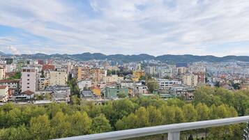 A cityscape with a variety of building types, including residential and commercial structures, and a backdrop of hills.
