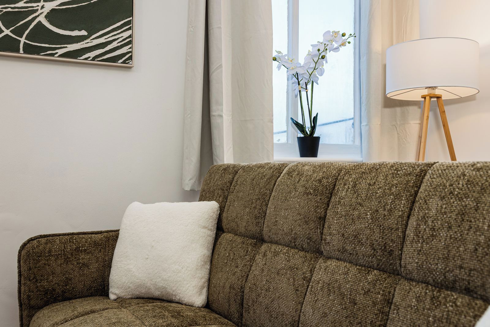 A living room with a brown sofa, a white cushion, a potted orchid, and a floor lamp.