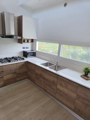 A modern kitchen with a gas stove, microwave, and stainless steel sink. - Luxury Penthouse | 2 Bedrooms | 2 Terraces | Estrrlla Garden Condos (Dominicus)