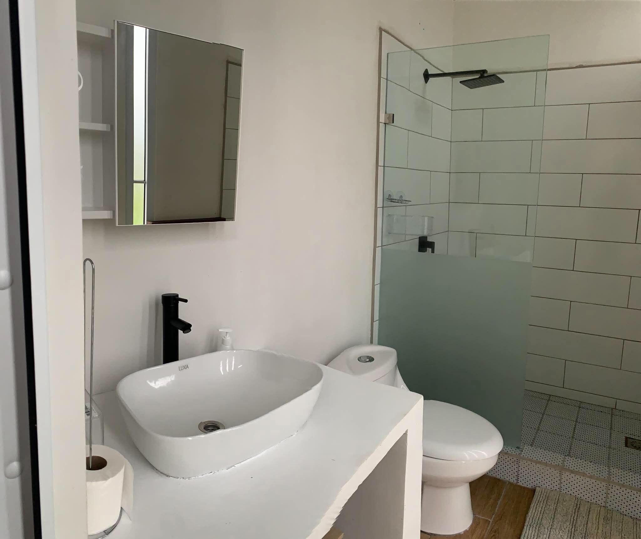 Une salle de bain avec un lavabo blanc, des toilettes et une douche à parois de verre.