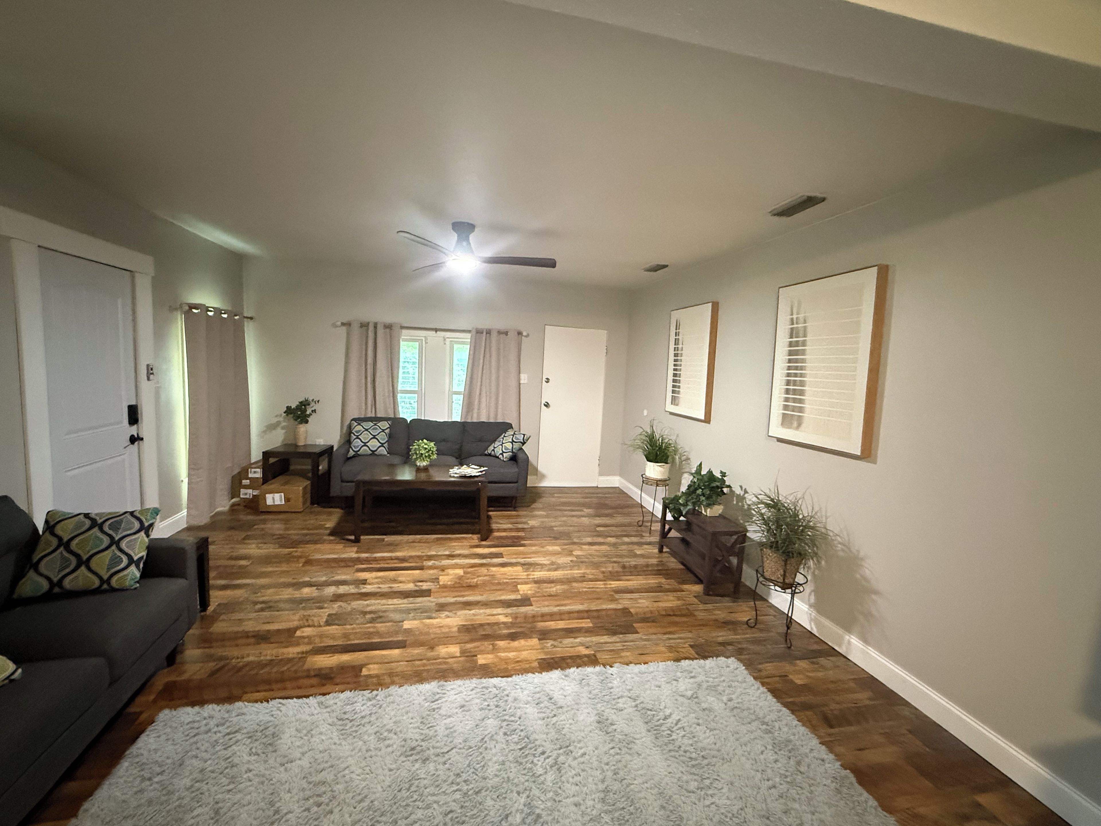 A living room with a sofa, a coffee table, and a rug. There are potted plants and a ceiling fan.