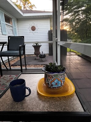 A patio with a table, a chair, a potted plant, and a grill. - Peaceful Palms at Bonita Springs. 10 minutes to the beach and Downtown Shopping (Bonita Springs)