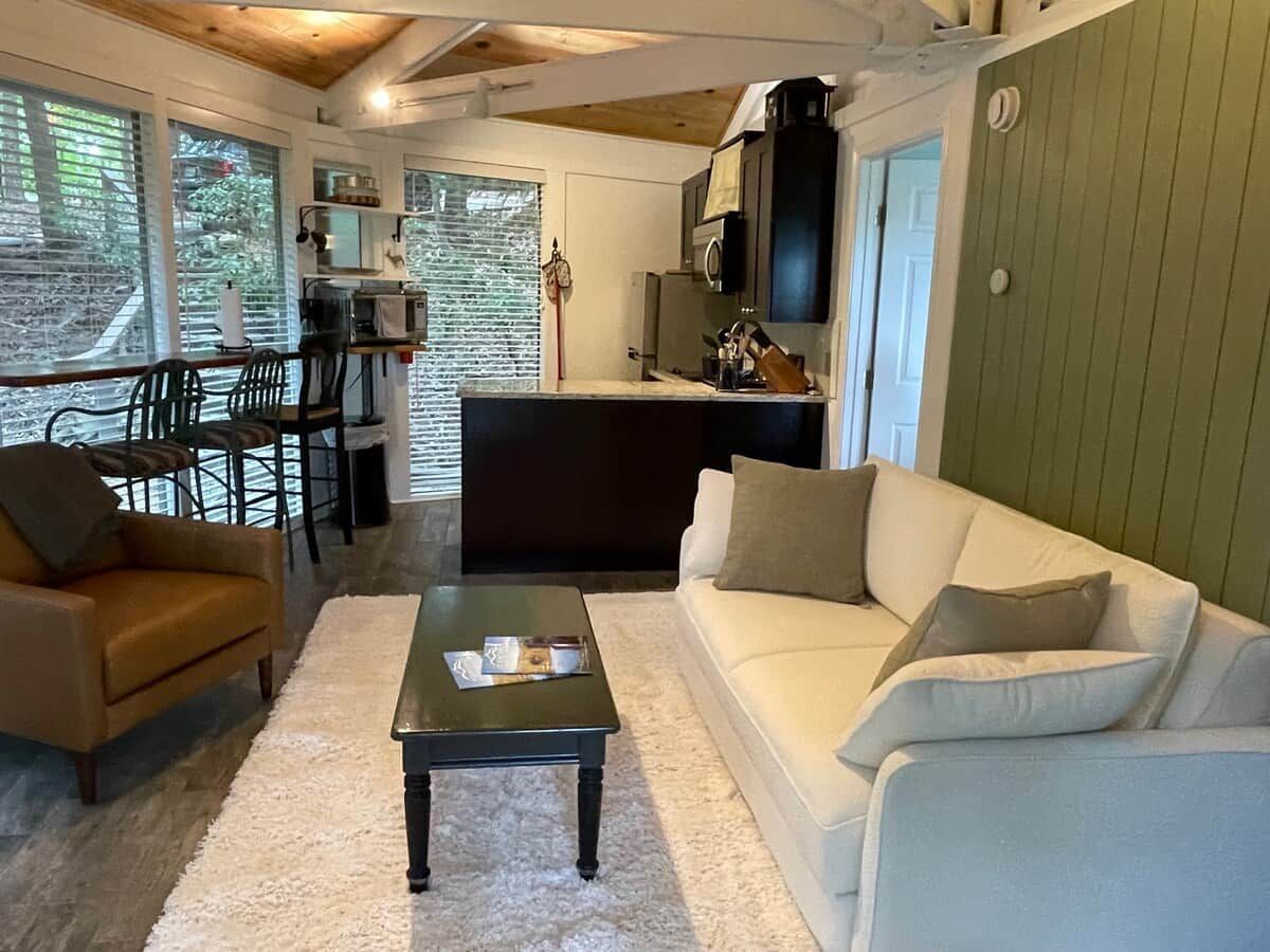 Una sala de estar con un sofá, sillón, mesa de centro y una cocina con electrodomésticos.