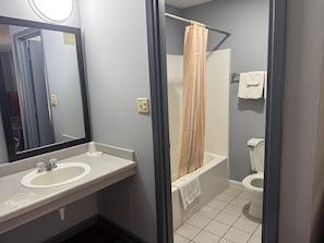 Un baño con lavamanos, espejo, inodoro y ducha.