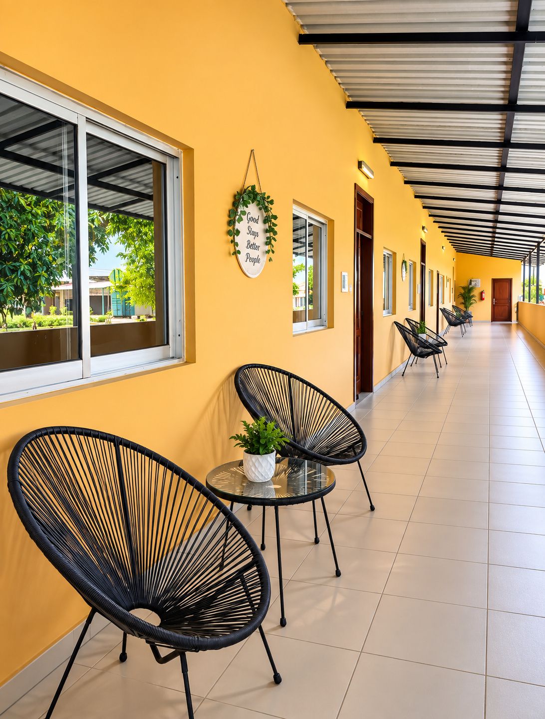 A corridor with black chairs and a potted plant, a wall with a sign, and windows with views of greenery.