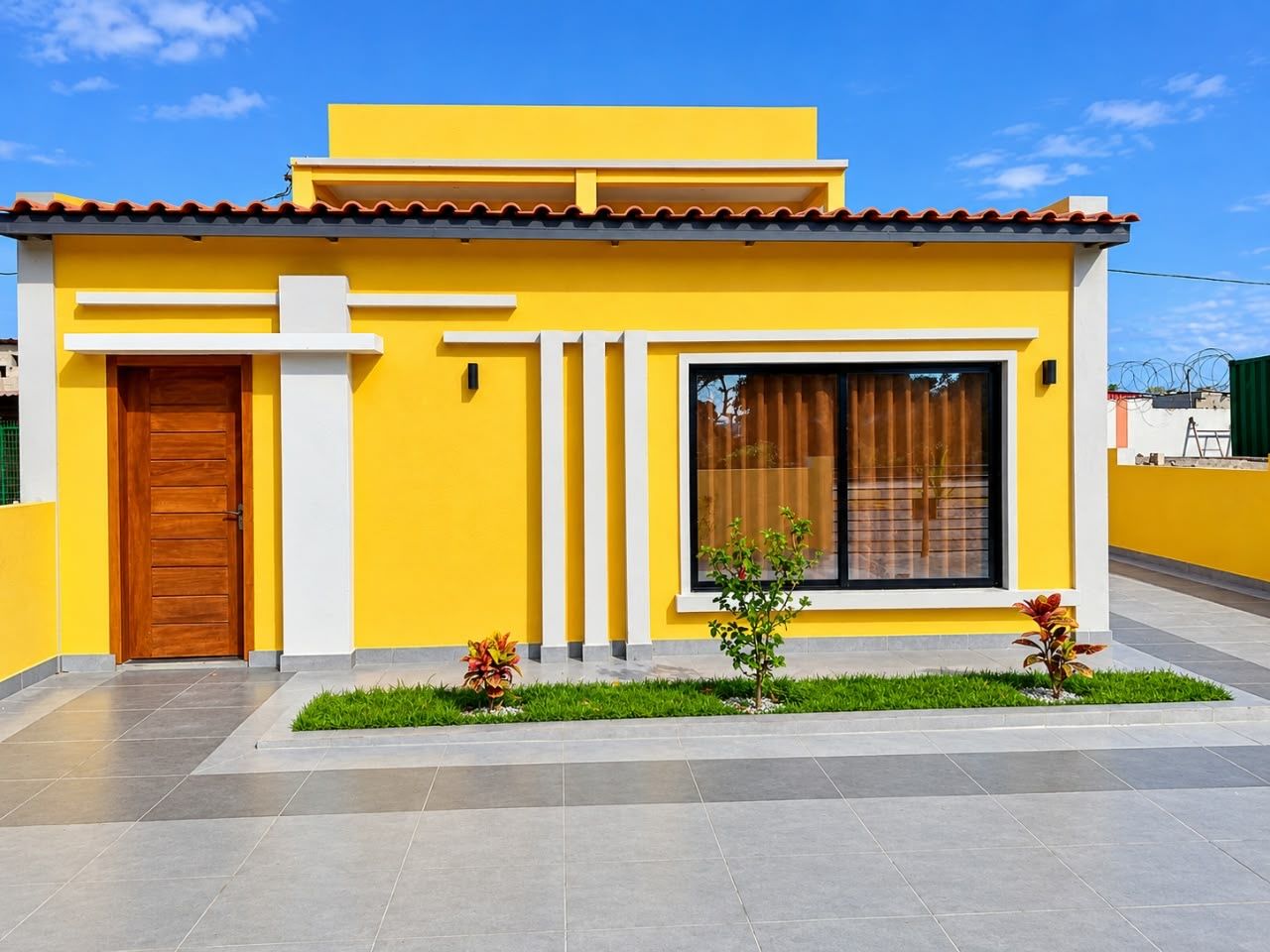 Un edificio moderno de color amarillo con techo de tejas, puerta de madera y ventana con cortinas.