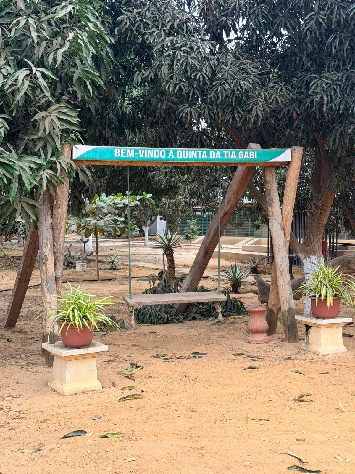Un cartel con un mensaje en idioma extranjero, rodeado de plantas en macetas y árboles.