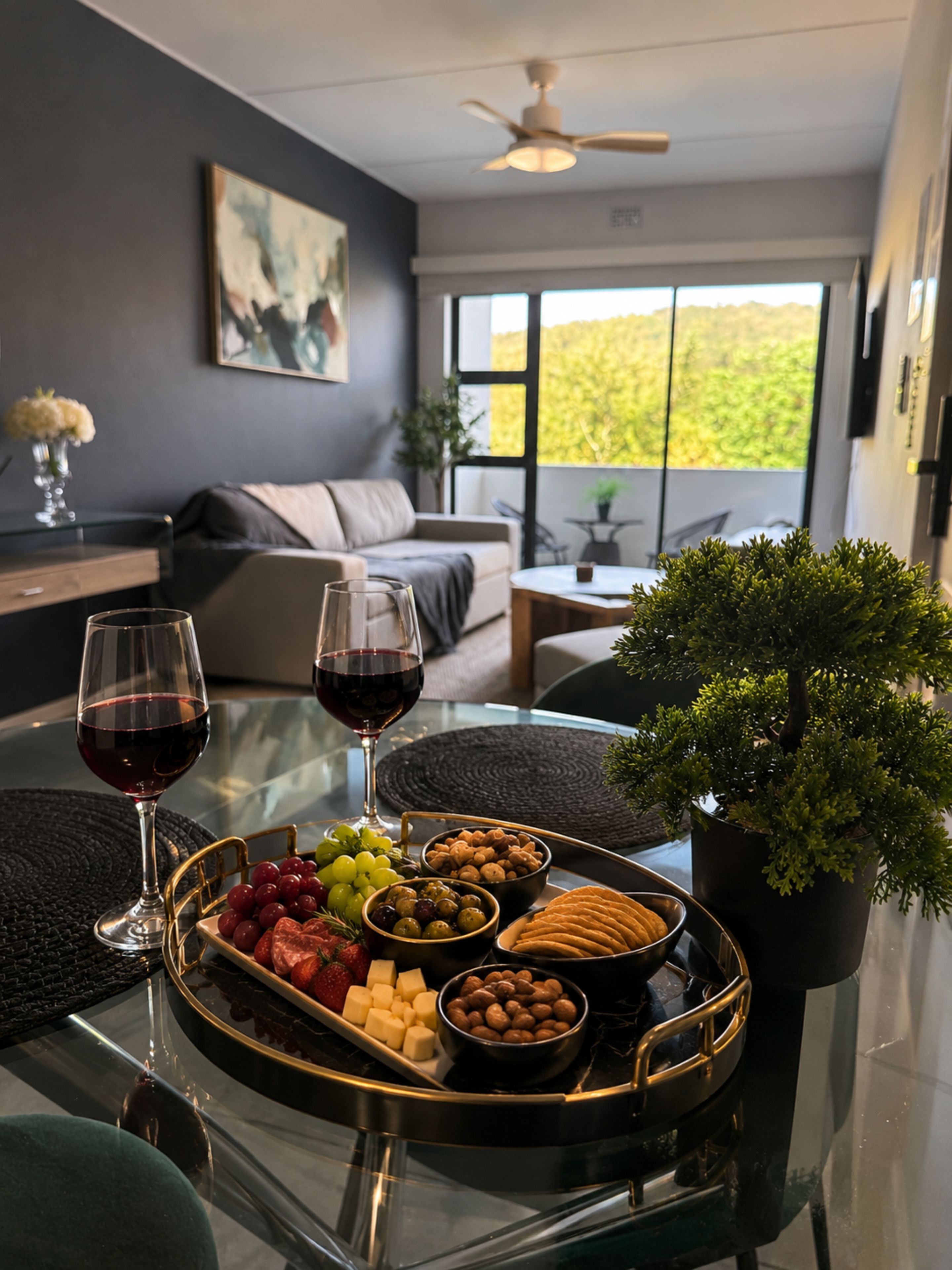 Ein Esstisch mit einem Glaspräsentierteller für Snacks und Weingläsern, einer Topfpflanze und Blick auf ein Wohnzimmer mit einer Couch und einem Gemälde.