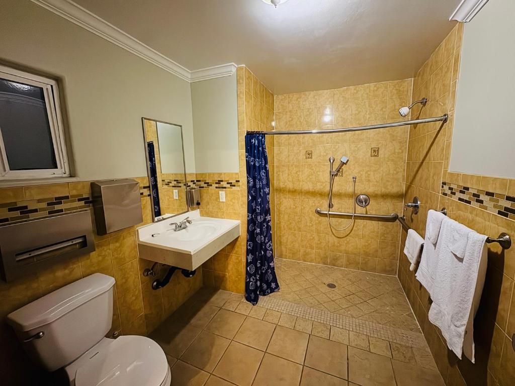 A bathroom with a toilet, sink, mirror, shower, and towel rack.