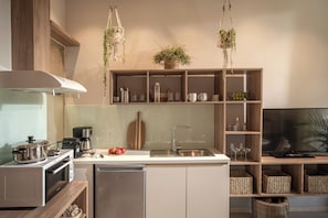 A modern kitchen with stainless steel appliances, wooden cabinets, and hanging plants. - Ninemia Shore Retreat | Beachfront Escape with Hot Tub (Stalida)