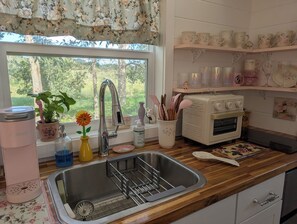A kitchen with a sink, a toaster, and a window with a view of greenery. - Charming, Peaceful Tiny Home in Alachua, Florida (Alachua)