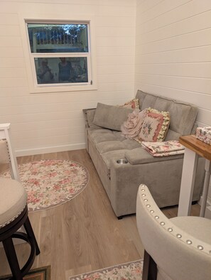 A cozy room with a sofa, a round rug, and a window. - Charming, Peaceful Tiny Home in Alachua, Florida (Alachua)
