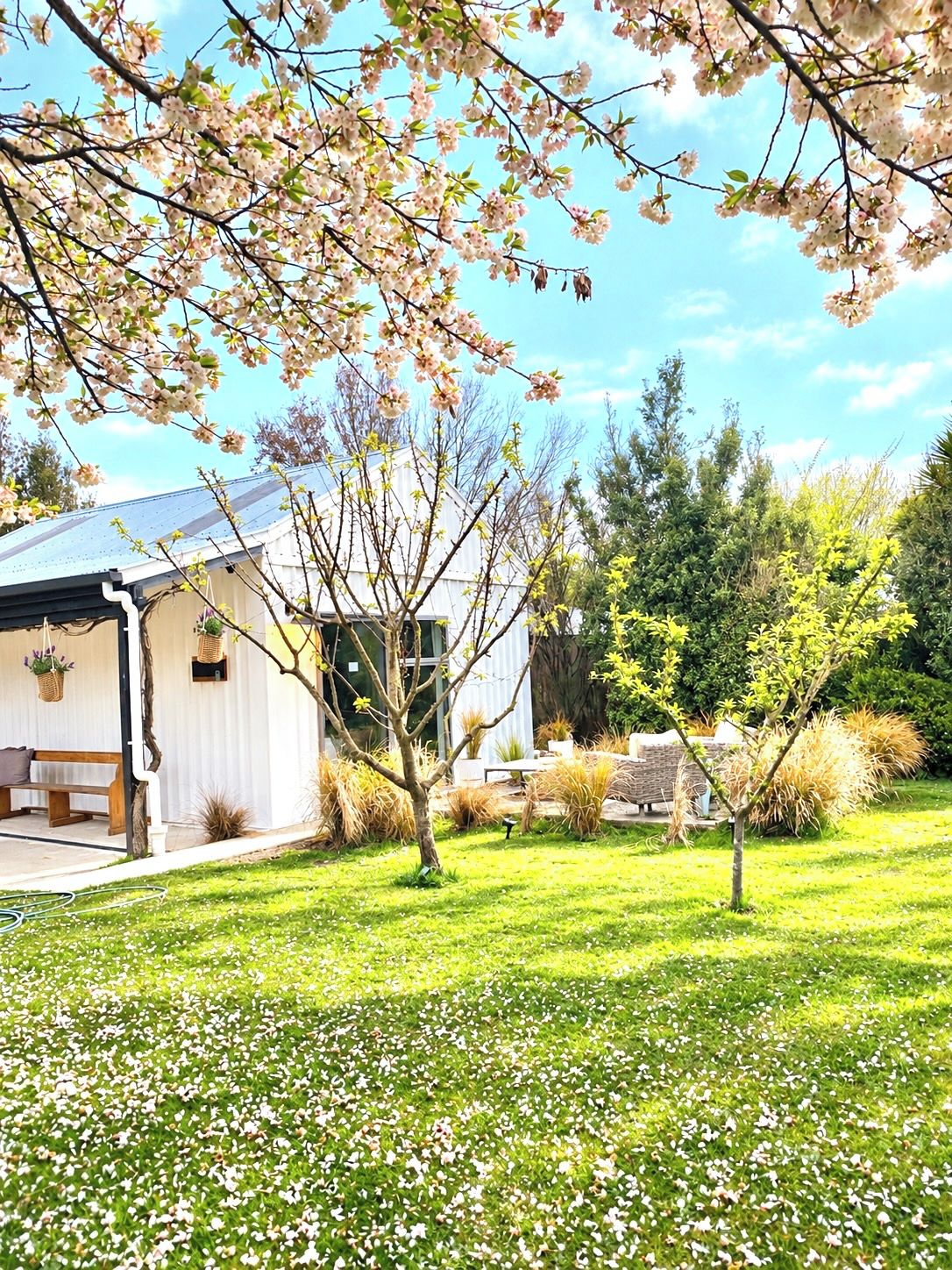 Une maison moderne dotée d’un porche abrité, d’un petit jardin et offrant une vue sur un ciel dégagé.
