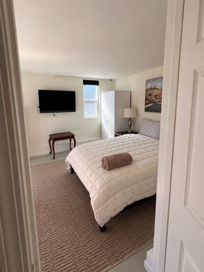 A bedroom with a bed, a television, a window, a painting, and a lamp. - Serene studio apartment in beautiful Daly City perfect for relaxing (Daly City)