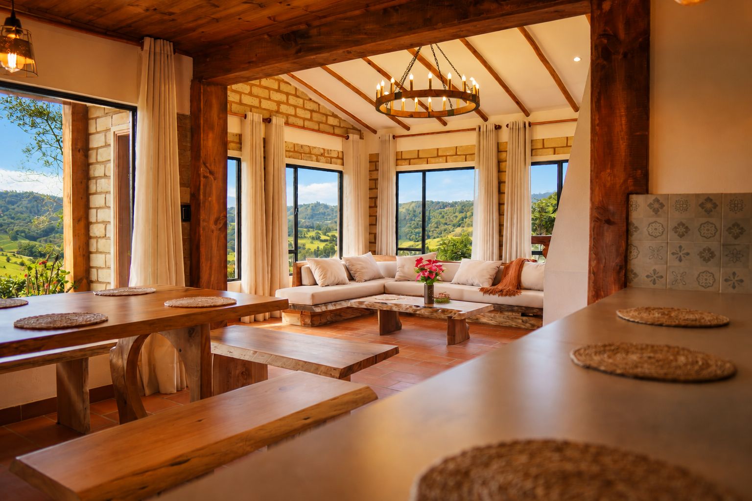 Un vaste espace de vie doté d’un plafond en bois, de grandes fenêtres offrant une vue sur la campagne, d’un ensemble de canapés et d’une table à manger.