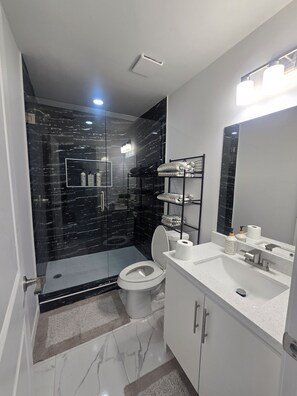 Een moderne badkamer met een glazen douchecabine, een toilet, een wastafel en een spiegel.
